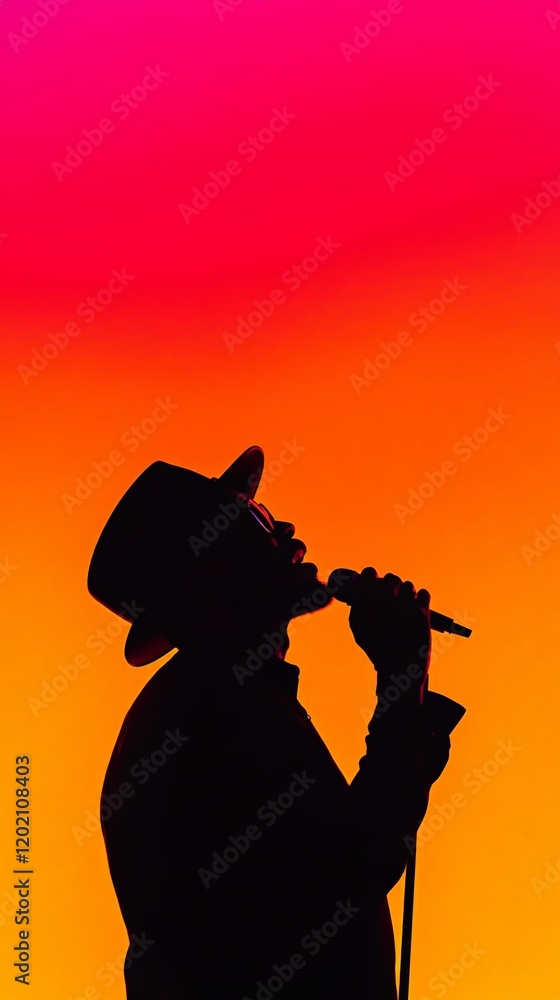 Poster silhouette of a singer in a hat and sunglasses, passionately singing into a microphone against a vib