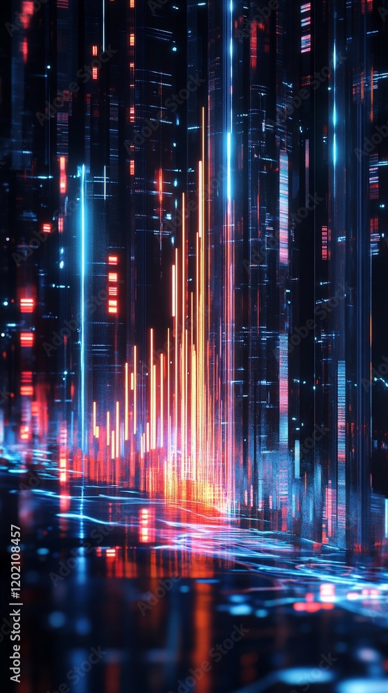 Poster abstract digital cityscape with vibrant lights and reflective surface showing technological progress