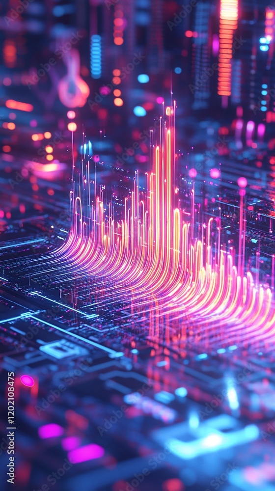 Poster abstract digital art with glowing neon lines and circuit board elements creating a futuristic techno