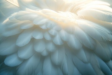 Obraz premium ethereal composition of pristine white feathers creating delicate layered texture, soft diffused lighting suggesting divine presence