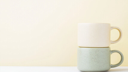Traditional crafts and handmade products mock up, Handmade ceramic mugs in pastel colors stacked on light background