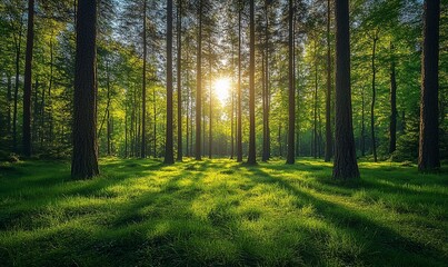 Sunset in lush pine forest, nature background, serene landscape, peaceful scene, ideal for travel brochures