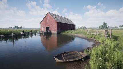 Obraz premium Rustic Red Barn by Still Water with Old Rowboat