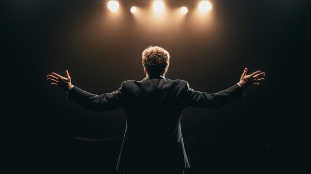 Male singer performing passionately on a dark stage, arms open wide, captivating the audience with powerful vocals during an electrifying concert or vibrant music festival