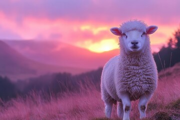 Fototapeta premium ethereal highland scene with golden-fleeced lamb silhouetted against pastel sunset clouds and distant misty peaks