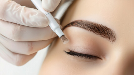 Close-up view of eyebrow lamination procedure. A gloved hand delicately applies product to enhance the shape and fullness of the eyebrows