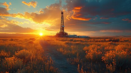 Sunset over oil rig in prairie. Energy industry landscape
