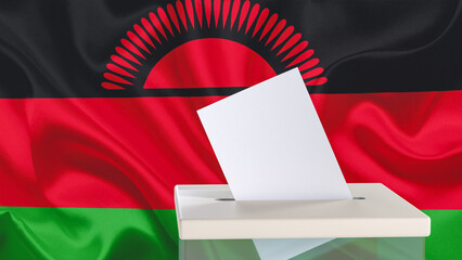 Blank ballot with space for text or logo is dropped into the ballot box against the background of the flag of Malawi. Election concept. 3D rendering. Mock up