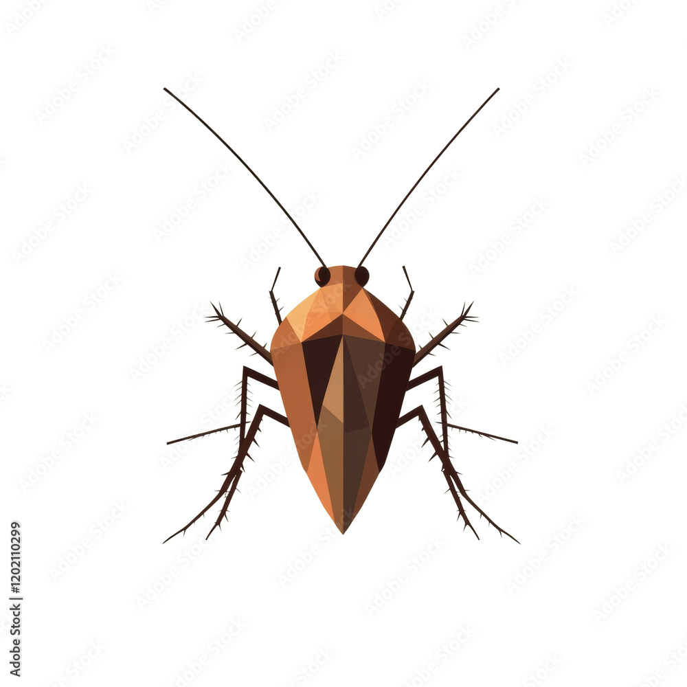 Poster a stylized geometric representation of a cockroach depicted in low polygon art using brown and orang