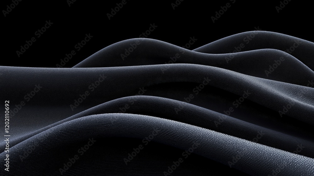 Poster Elegant Black Fabric Waves on Dark Background with Smooth Texture and Gentle Curves for Modern Design