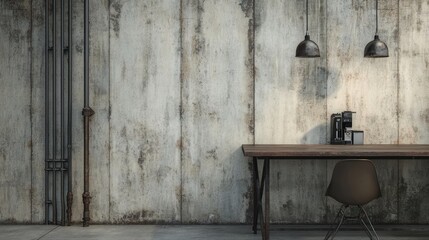 Rustic industrial interior design with concrete wall, wooden desk, metal pipes, and pendant lights.