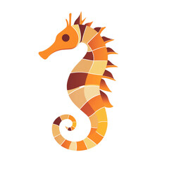 Obraz premium A geometrically patterned seahorse in shades of orange and brown is presented against a white background.