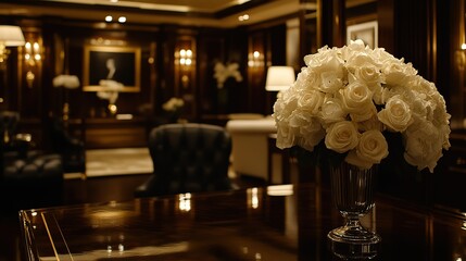 White roses in vase on desk in luxurious office with elegant decor