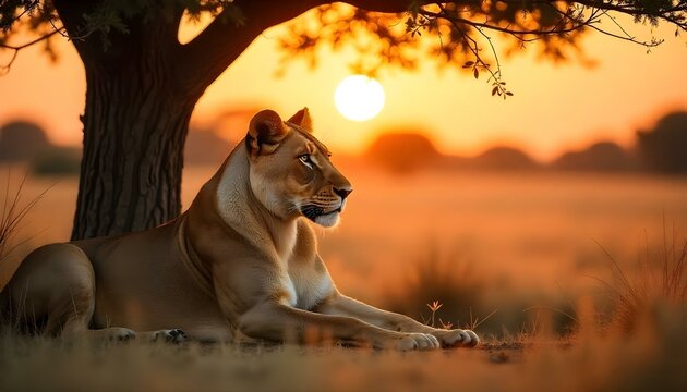 lion in the sunset, A female lion resting in the shade of an acacia tree, her tawny fur blending with the dry grass, with a distant view of a sunset casting an orange glow.