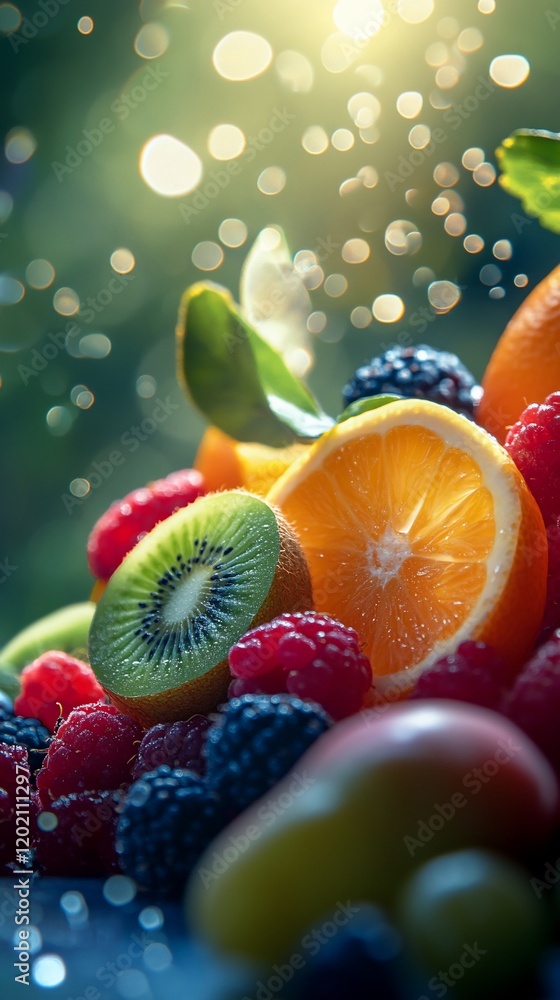 Poster A vibrant and colorful assortment of fresh fruits displayed with a bokeh background effect