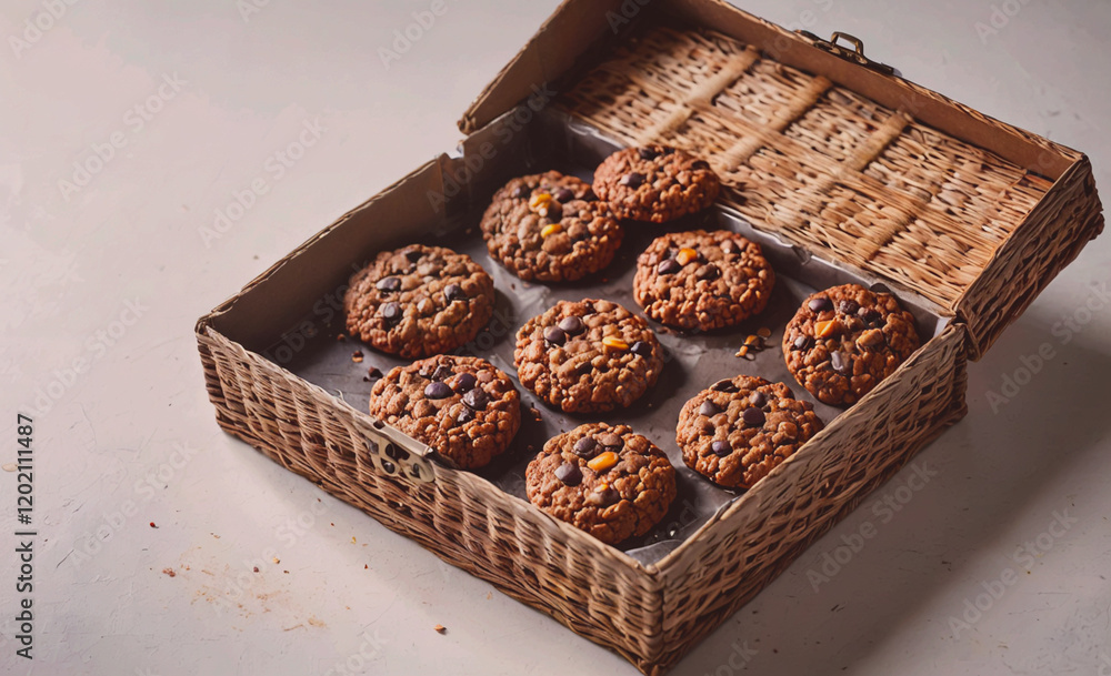 Poster A basket of cookies is sitting on a table. The cookies are chocolate chip and are arranged in a neat row