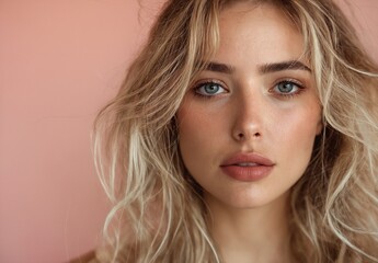 Naklejka premium Close-up portrait of a blonde woman with blue eyes against pink background.