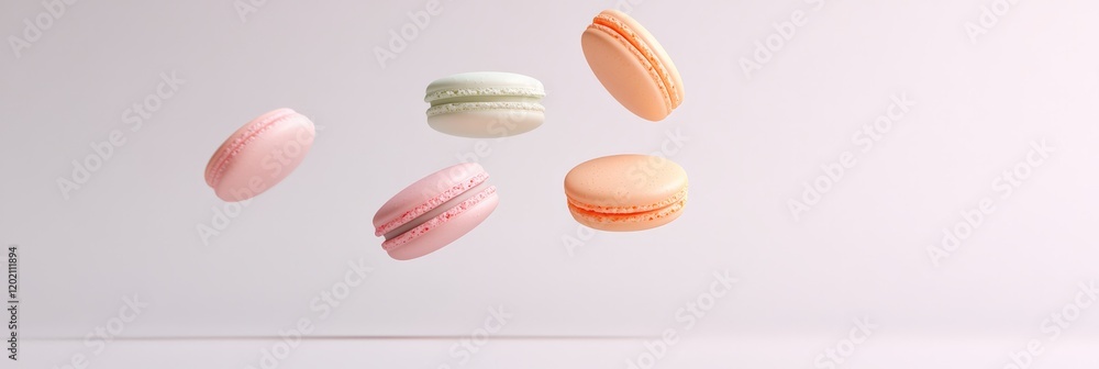 Poster Six colorful macarons of different pastel colors are levitating on a minimal white background, creating a visually appealing and delicious scene
