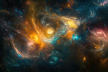 Fototapeta premium Colorful galaxy reveals swirling nebulae and vibrant glowing planets in the depths of space during a cosmic event. Generative AI