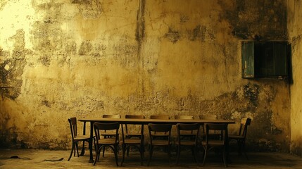 Old room with wooden table and chairs against a textured wall.
