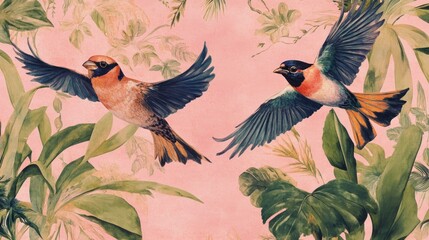 Two colorful birds in flight amidst lush tropical foliage on a pink background.