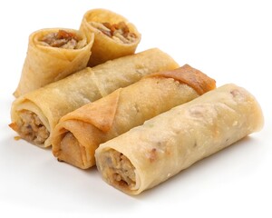 
lumpia spring rolls made using thin sheets of rice paper in which the filling is wrapped, isolated on white background