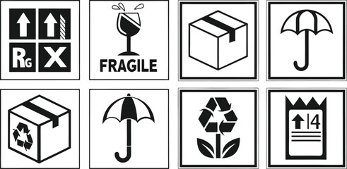 Collection of Standard International Shipping Symbols for Fragile, Recyclable and Proper Handling