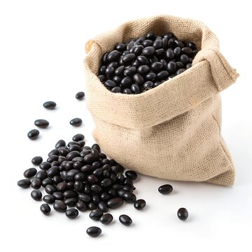 
black urd beans in cloth bag isolated on white background