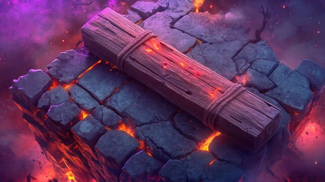 Wooden beam on cracked lava stone cube. - Powered by Adobe