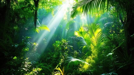 Lush, sunlit rainforest with dense foliage and diverse vegetation