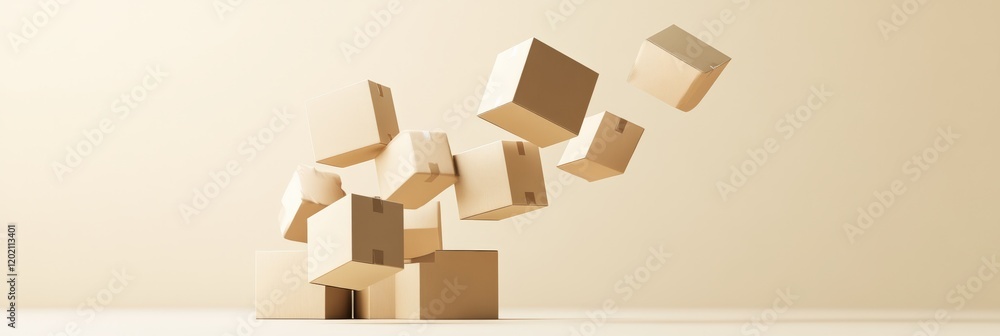 Aufkleber Multiple closed cardboard boxes are floating and levitating mid air in a beige minimal studio, creating a dynamic and intriguing visual composition