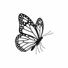 A sleek, black and white silhouette of a monarch butterfly, showcasing intricate wing patterns.