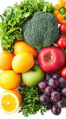 Healthy eating background / studio photography of different fruits and vegetables isoleted on white backdrop, top view. High resolution product.