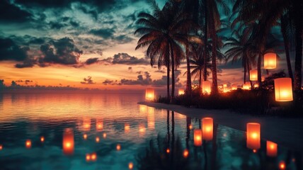 Obraz premium Glowing lanterns float on water at sunset, tropical palms