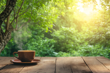 Morning Coffee Cup with Rising Steam on a Wooden Surface, Surrounded by Lush Green Foliage