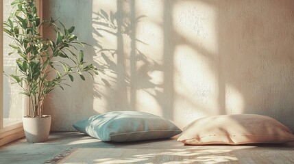Fototapeta premium Serene Sunlit Corner Peaceful Interior Scene with Soft Pillows and a Lush Plant