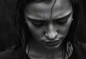 Fototapeta premium Wet woman under heavy rain with sad expression