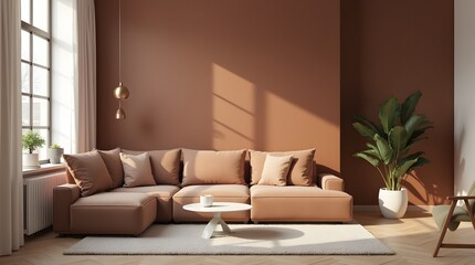 Luxurious living room with warm Mocha mousse color scheme 2025 trend Brown walls, light gray living room interior. Cement blank background for art
