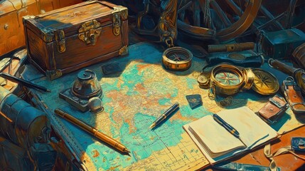 Vintage travel planning scene with map, compass, and antique chest.