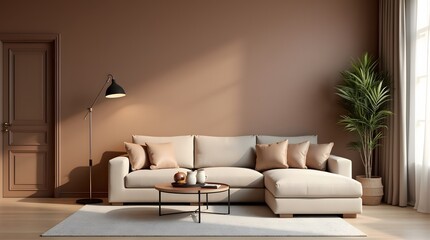 Luxurious living room with warm Mocha mousse color scheme 2025 trend Brown walls, light gray living room interior. Cement blank background for art