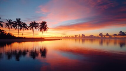 Obraz premium Spectacular tropical beach sunset with palm trees and reflection on water