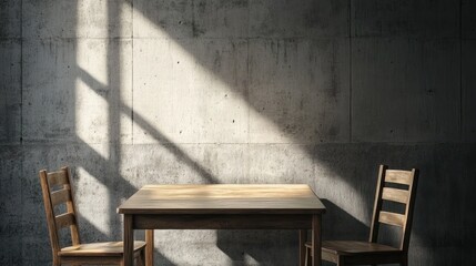 Empty wooden table and chairs in a sunlit room against a concrete wall.