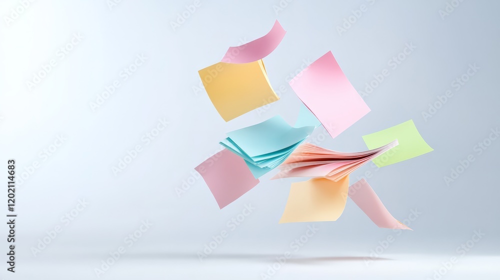 Poster colorful sticky notes levitating and swirling in the air create a dynamic, playful scene against a m