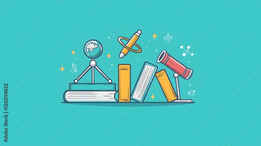 Poster a simplistic flat graphic design featuring an arrangement of iconic science symbols like an atom boo