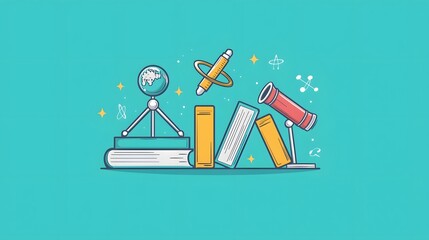 A simplistic flat graphic design featuring an arrangement of iconic science symbols like an atom book and telescope in an engaging and visually appealing educational layout