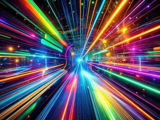 Abstract neon digital lines: vibrant, multicolored energy flows through the glowing cyberspace.