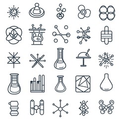A sleek and modern set of scientific icons in clean line art style showcasing 50 essential elements for chemistry physics and biology research and education