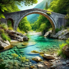 Fototapeta premium A weathered stone bridge arching over a crystal-clear river in a lush valley. Wildflowers grow around the banks, adding bursts of color