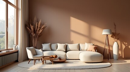 Fototapeta premium Luxurious living room with warm Mocha mousse color scheme 2025 trend Brown walls, light gray living room interior. Cement blank background for art