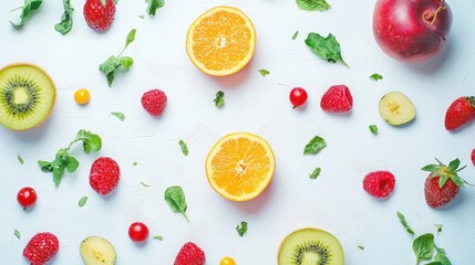 Naklejka premium Healthy eating background / studio photography of different fruits and vegetables isoleted on white backdrop, top view. High resolution product.